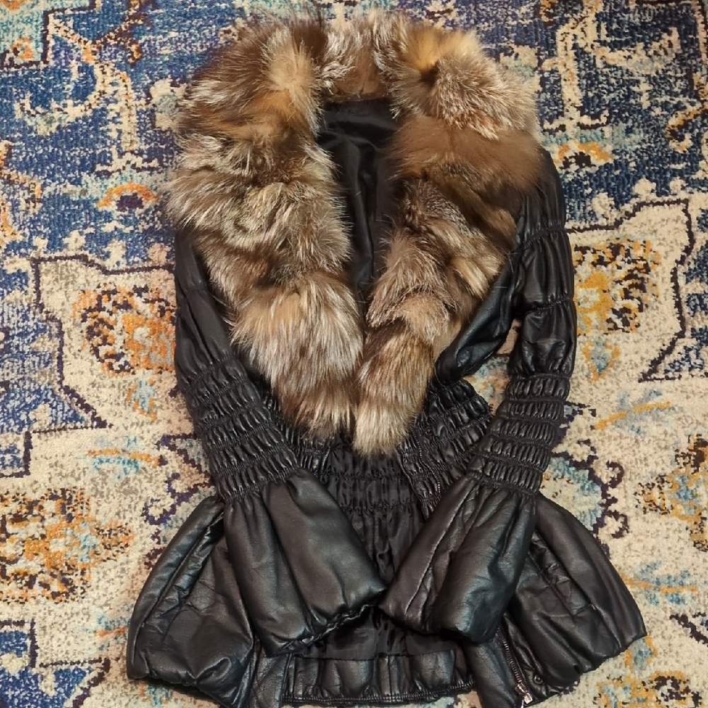 Vintage Black Leather Jacket with Brown Faux Fur